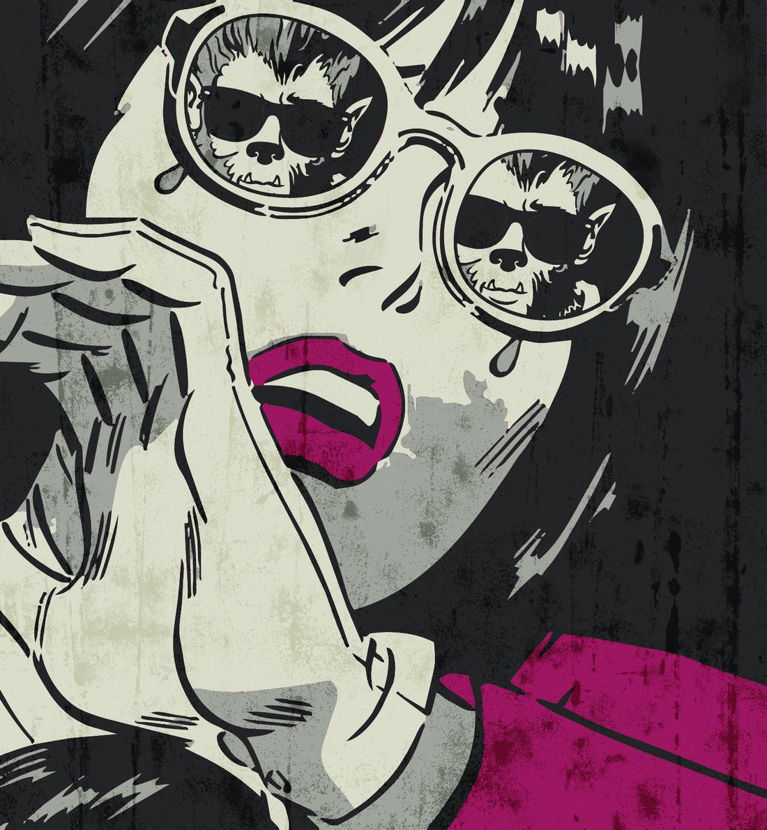 Ilustración del flyer: una chica con lentes redondos en los que se refleja un hombre lobo con lentes oscuros